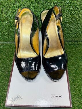 Coach Gem Soft Patent Leather Slingback Peep Toe Heels Black Gold Size 7B